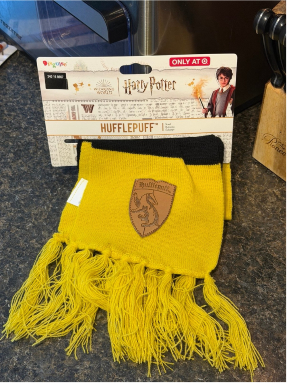 New Harry Potter House Hufflepuff Striped Knit Fringe Scarf Faux Leather Patch
